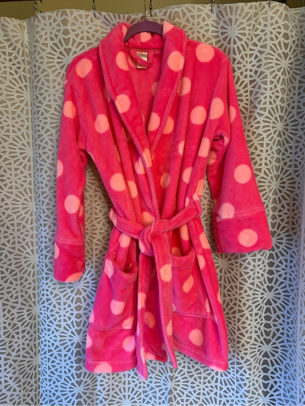 PINK Victoria's Secret Hot Pink Polka Dot Plush Robe With Silver Sequins